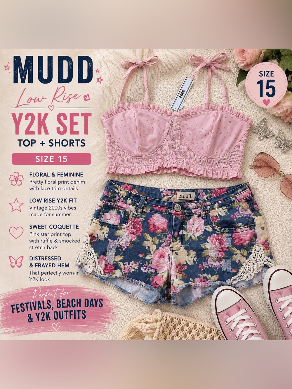 Mudd Floral Low Rise Shorts + PINK Smocked Crop Top Y2K Bundle